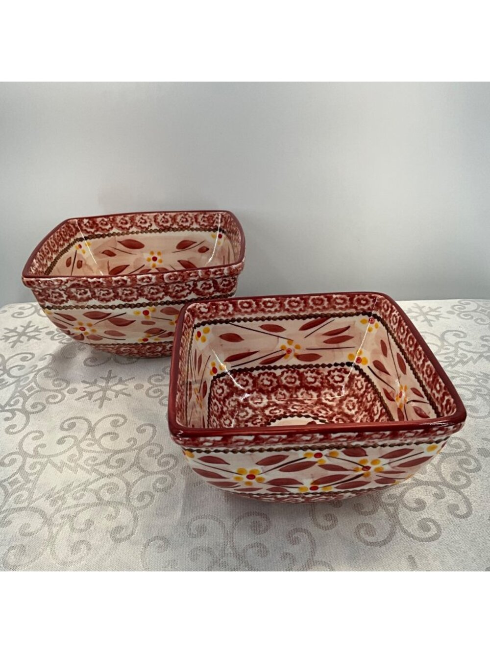 Temp-Tations Old World Square Ceramic Bowls CranberryFloral Set Of 2 Oven Safe